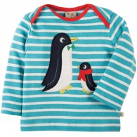 Frugi Bobby Applique Top, Aqua Breton/penguins (0-3m, 3-6m only)
